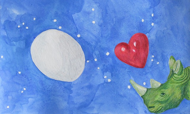 mixed media drawing on paper egg heart rhino in outer space by Holly Campbell