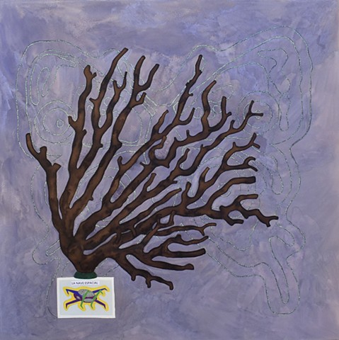 mixed media drawing of Loteria card spaceship (la nave espacial) with glitter glue butterfly and coral branch by Holly Campbell