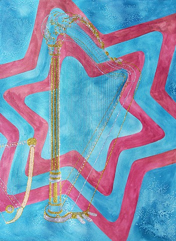 mixed-media drawing glitter harps watercolor gold and pink blue star patterned background by Holly Campbell