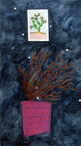 mixed media drawing on paper cactus loteria card coral branch magenta dresser glittered constellation in night sky by Holly Campbell