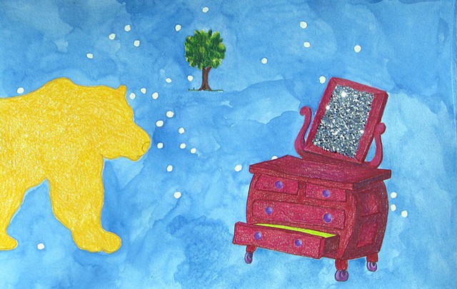 mixed media drawing on paper golden yellow bear magenta dresser glittered mirror and small tree in outer space by Holly Campbell