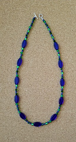 necklace cobalt blue kelly green glass seed beads by Holly Campbell