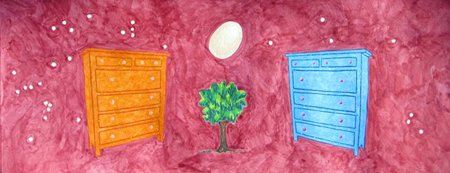 mixed media drawing on paper dressers rainbow small tree egg in outer space by Holly Campbell