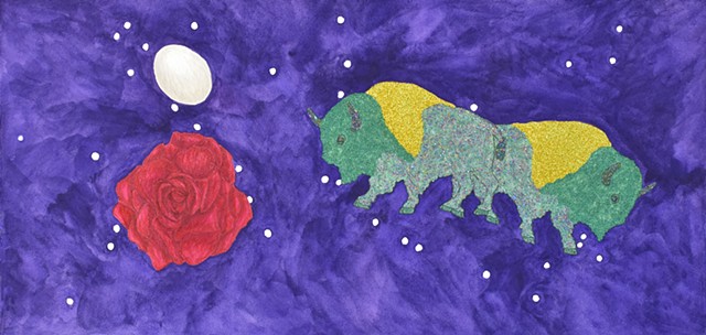 mixed media drawing on paper twin buffalos, rose and an egg outer space by Holly Campbell