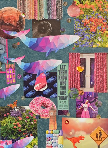 collage on paper of dolphins on blue rice paper background with dinosaur pluto yarn and doughnut by Holly Campbell