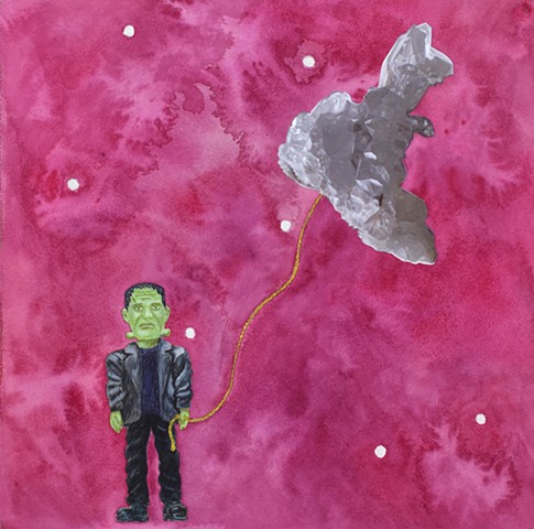 mixed media drawing on paper of Frankenstein and quartz crystal on a glitter glue rope in outer space by Holly Campbell