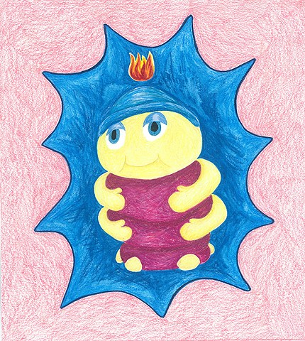 color pencil drawing on paper of glow snug-bug with pentecostal flame by Holly Campbell
