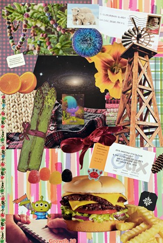 collage on paper ephemera papers tickets windmills trolls Martian cheeseburgers french fries santa forever stamp king tut egyptian artifacts stripes red velvet ribbon flannel buffalo plaid by Holly Campbell