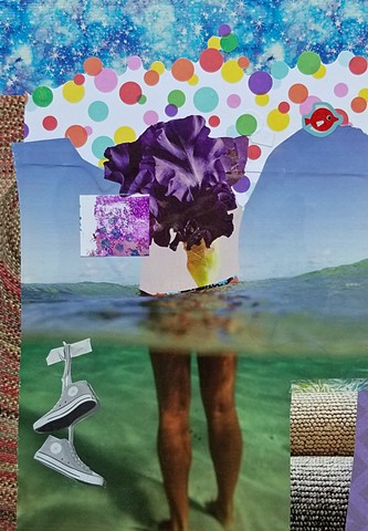 mixed-media collage on paper with womans' legs in water gray converse mono printing purple iris polka dotted paper and rolled rugs by Holly Campbell