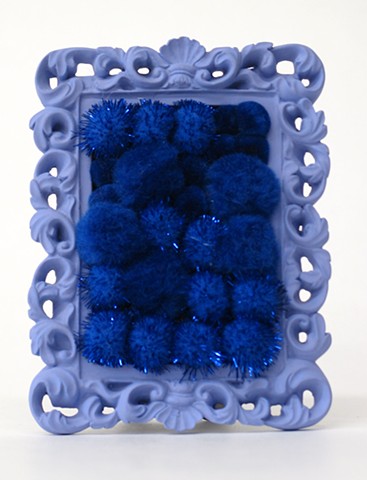 sculpture found picture frame painted periwinkle with shiny cobalt blue pom poms by Holly Campbell