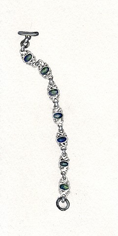 drawing of a moonstone bracelet in color pencil on paper by Holly Campbell