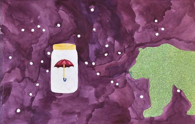 mason jar, umbrella and glittered bear in outer space by Holly Campbell