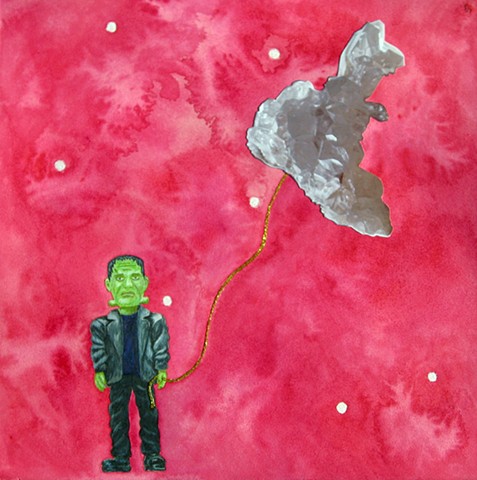 mixed media drawing on paper of Frankenstein quartz crystal glitter glue rope in outer space by Holly Campbell