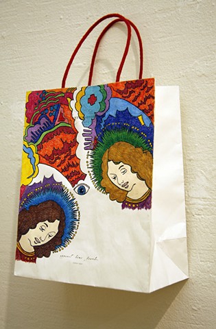 color pencil drawing on an anthropologie shopping bag of two saints by Holly Campbell