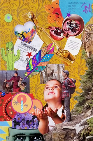 mixed-media collage on paper birthday candles wishes dreams christopher robbin cactus pomergrante hearts movie ticket candy monty python mary poppins returns owls quotes butterflies by Holly Campbell