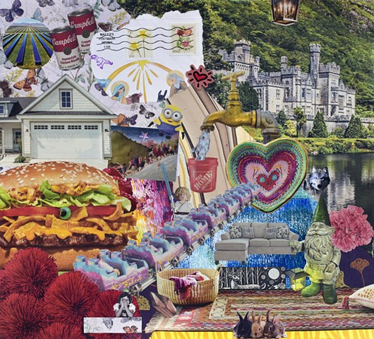 mixed-media collage on paper with roller coaster seats entering a heart, castle with a lake, hamburger and Livingroom gnome by holly campbell