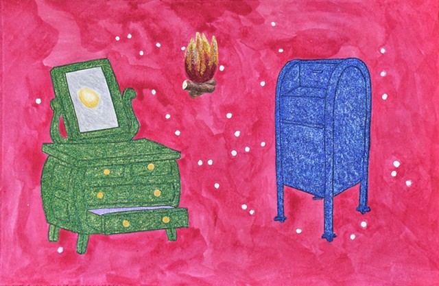 green dresser, mirror, gold egg, campfire and mailbox in outer space by Holly Campbell
