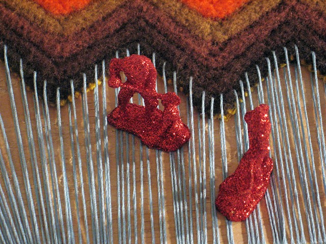 glittered miniature toy construction workers on a yarn and embroidery thread wood base by Holly Cmapbell