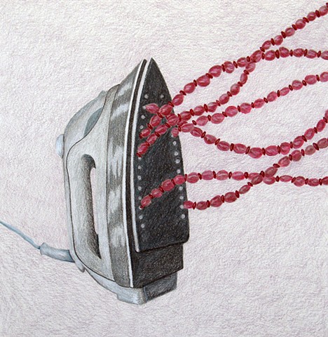 color pencil drawing iron pink red beads purple background by Holly Campbell