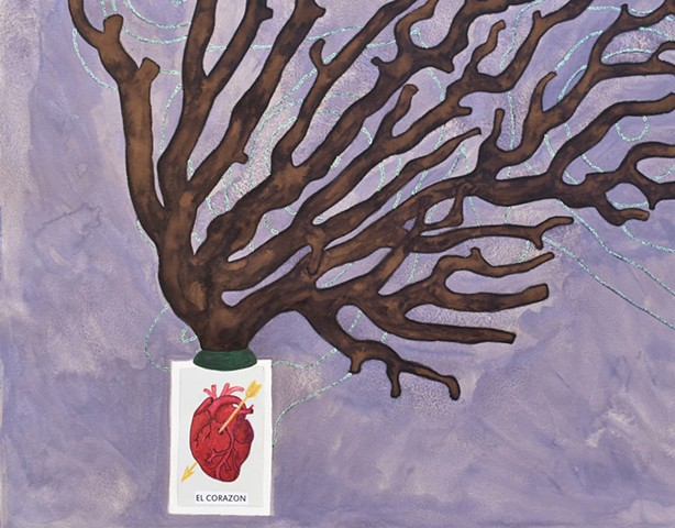 mixed media drawing of Loteria card el corazon (heart) with glitter glue butterfly and coral branch by Holly Campbell