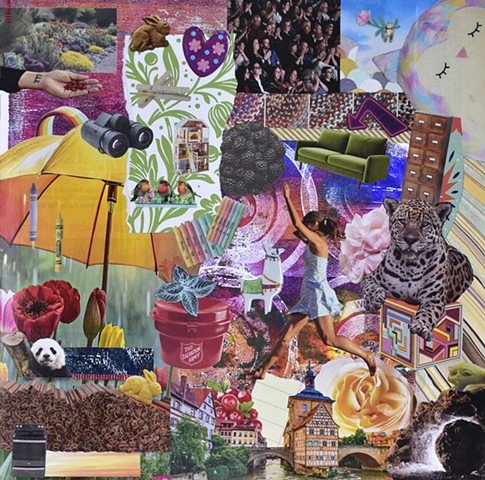 panda under an umbrella, audience, yoda, Germany and salvation army bucket collage on paper
