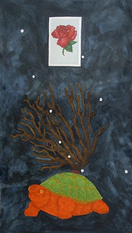 mixed media drawing on paper rose la rosa loteria card coral branch tortoise glittered turtle green orange constellation in night sky by Holly Campbell