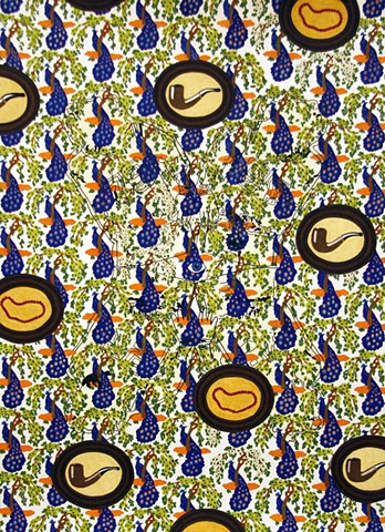 color pencil drawing on paper of Magritte's pipe oval picture frames red beads, orange, blue & violet peacocks by Holly Campbell