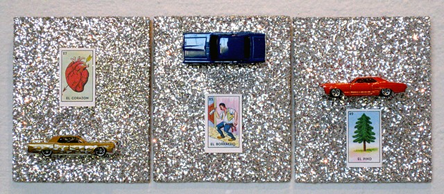 Hot Wheels and Loteria cards with glitter on wood by Holly Campbell