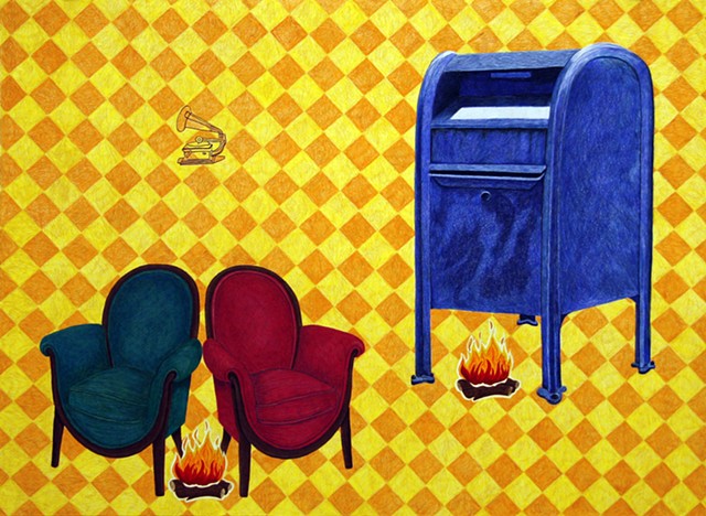 color pencil drawing on paper of orange and yellow checkerboard background with pink and green chairs, phonograph, campfire and giant blue mailbox by Holly Campbell