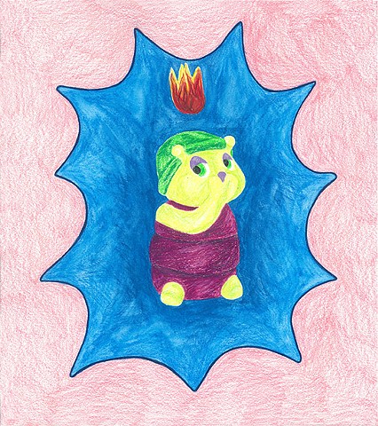 color pencil drawing on paper of glow stink bug with pentecostal flame by Holly Campbell