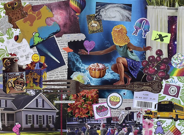 mixed-media collage with surfer honeycomb puzzle pieces school buses a fork and a house