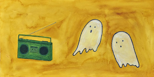 two ghosts and a green radio mixed-media drawing on paper by Holly Campbell