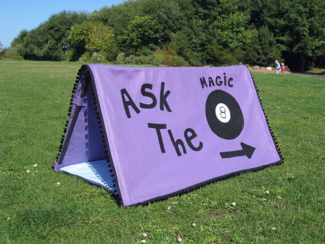 tent sculpture with magic eight ball, black pom-poms and purple felt by Holly Campbell
