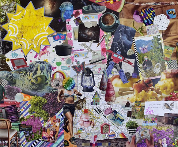 collage with sunshine a runner and a sea turtle with googly eyes