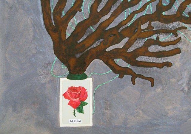 mixed media drawing of loteria card la rosa, glitter glue butterfly and coral branch watercolor by holly campbell