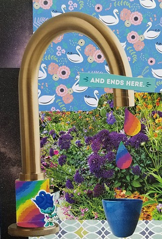 mixed-media collage on paper with brass faucet rainbow duct tape raindrops swans pink flowers a blue green troll by Holly Campbell