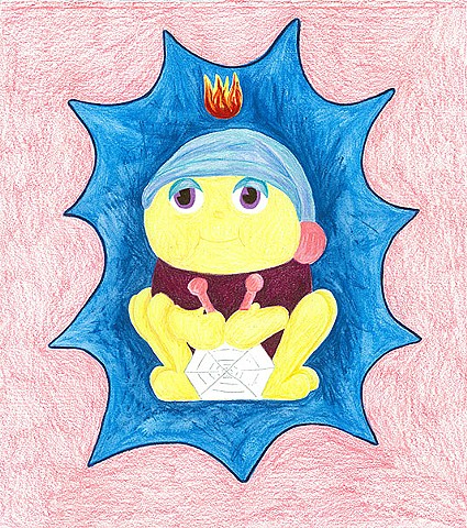 color pencil drawing on paper of glow knitting spider with pentecostal flame by Holly Campbell