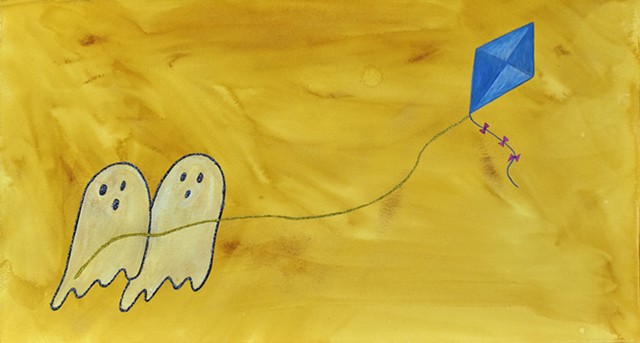 two ghosts flying a kite mixed-media drawing on paper by Holly Campbell