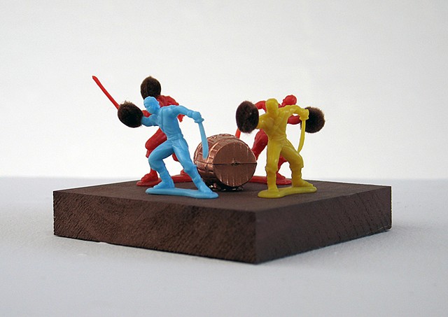 miniature toy pirates and pom-poms on painted wood base by Holly Campbell