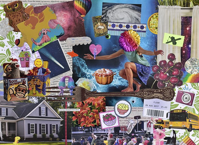 mixed-media collage with flower headed surfer, puzzle pieces, a school bus, a fork and a house