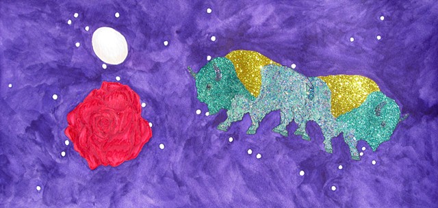 mixed media drawing on paper buffalo rose an egg outer space by Holly Campbell