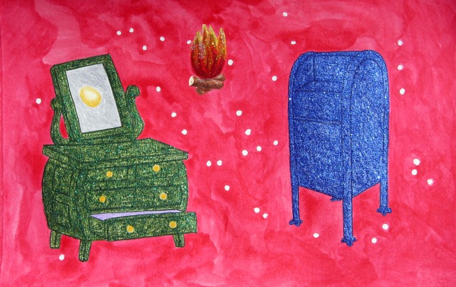 mixed media drawing on paper green dresser mirror gold egg campfire glitterglue blue mailbox in outer space by Holly Campbell