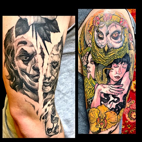 Joker and owl lady tattoos 