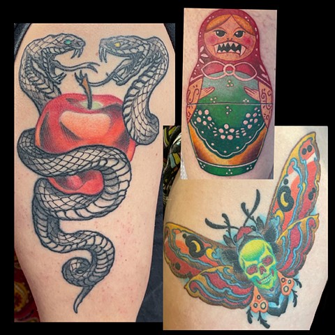 Snake, Matrushka, and moth tattoos 