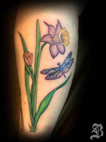 Daffodil and dragonfly tattoo