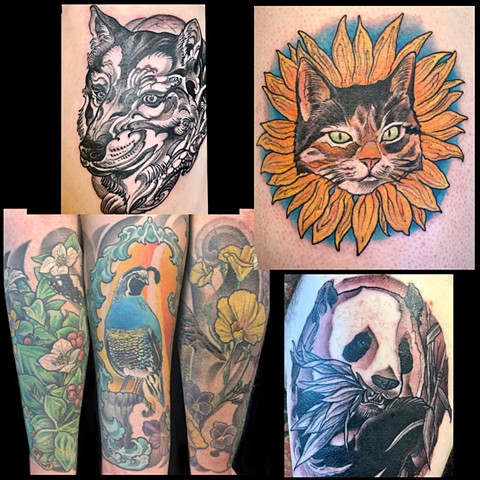 Wolf, cat, pheasant, and panda tattoos 