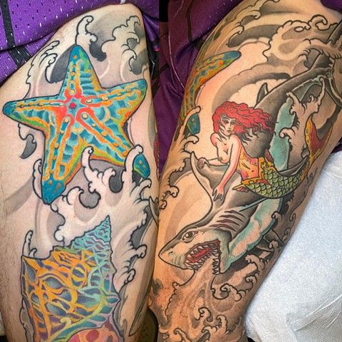 Starfish and shell, mermaid and shark tattoos