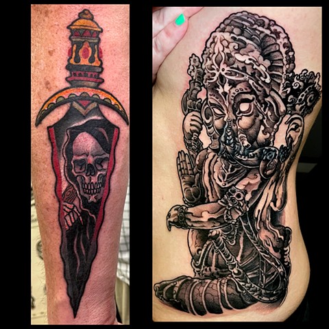 Dagger and Ganesh tattoos 