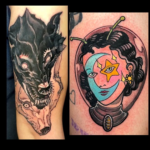 Wolves and space lady tattoos 