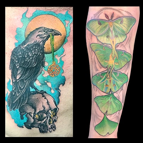 Raven and moth tattoos 